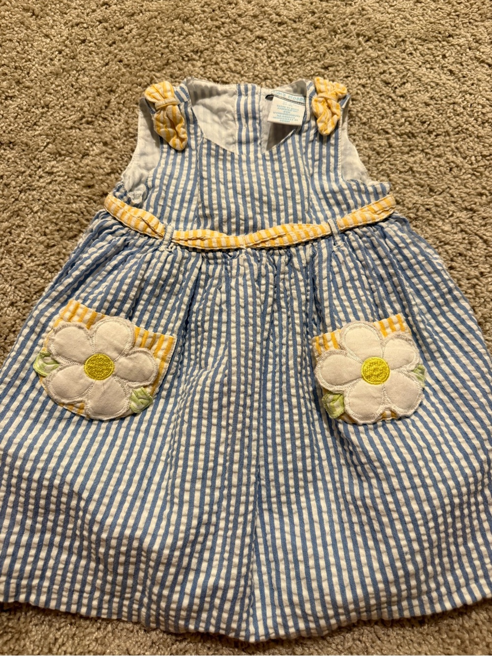 Seersucker Dress with Daisy Pockets - Blue & Yellow Kids Bottoms